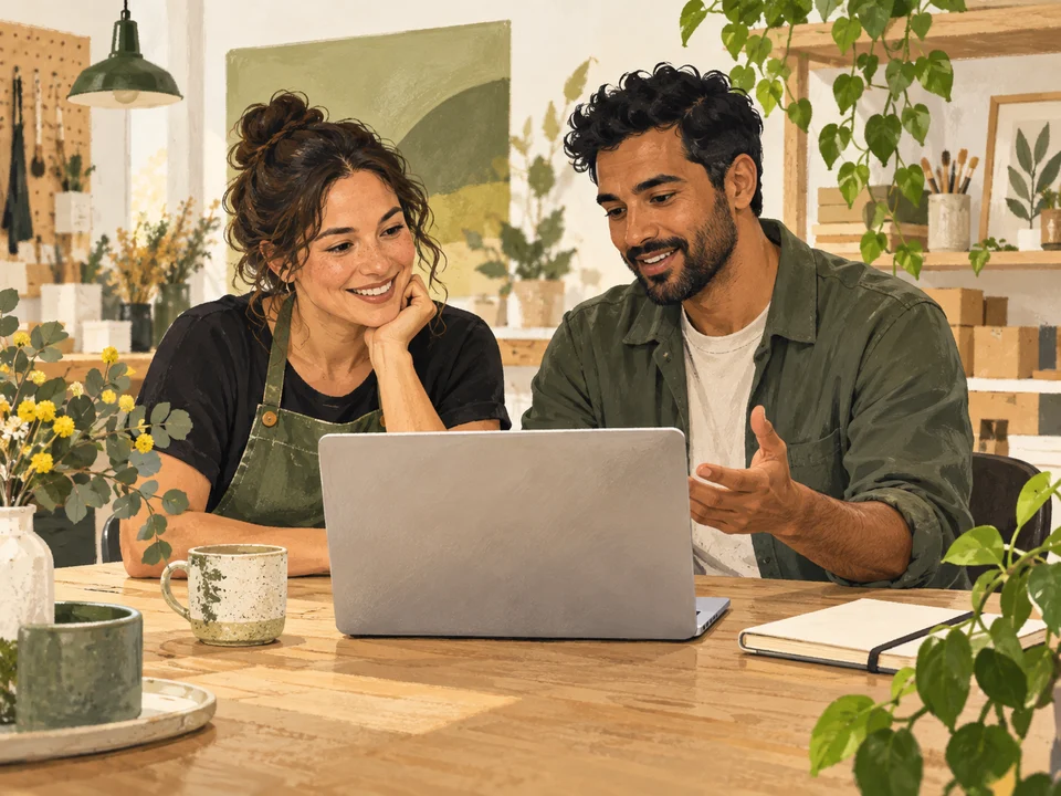 Illustration of a small-business owner and adviser working through a plan together.