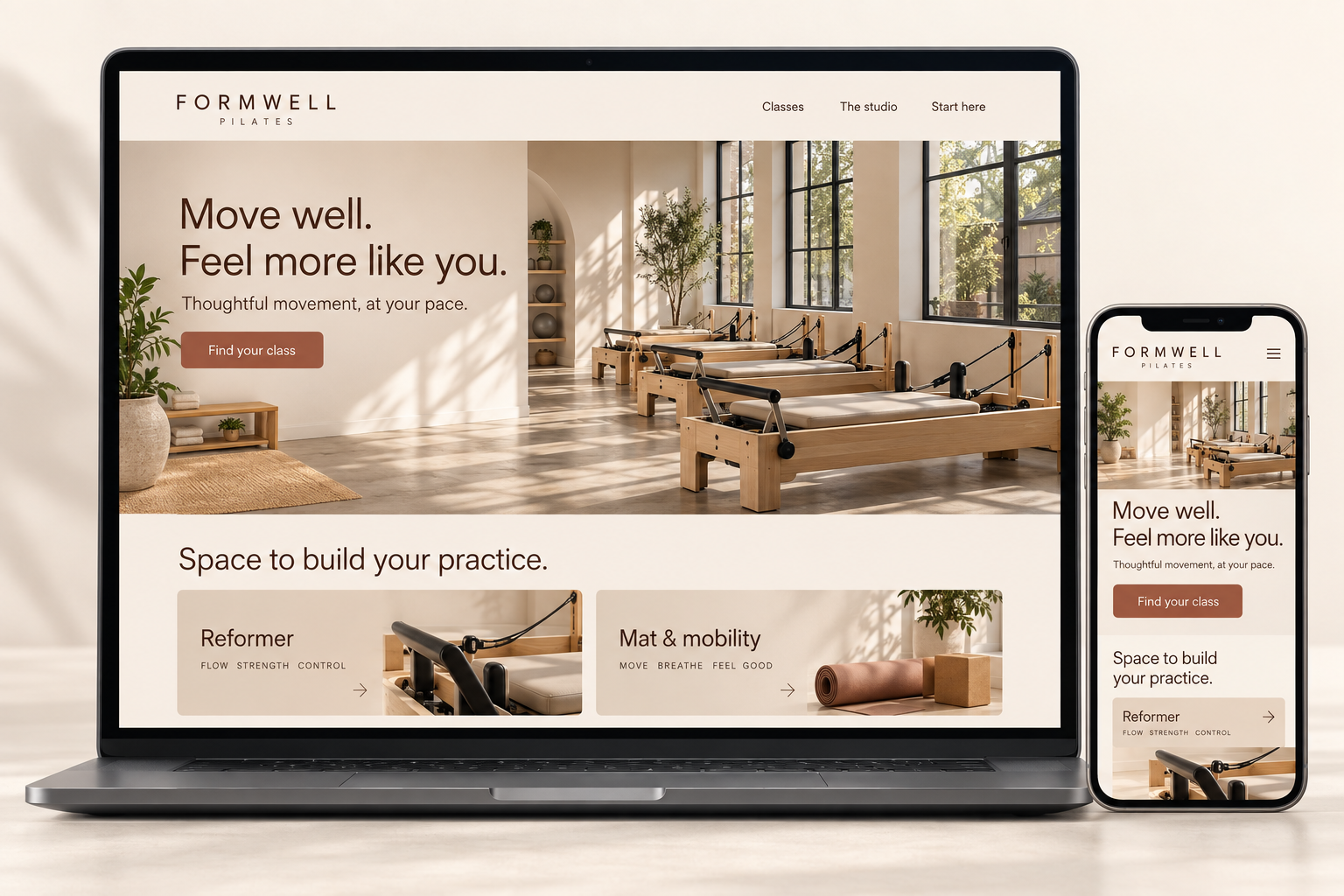 Formwell Pilates desktop and mobile website design