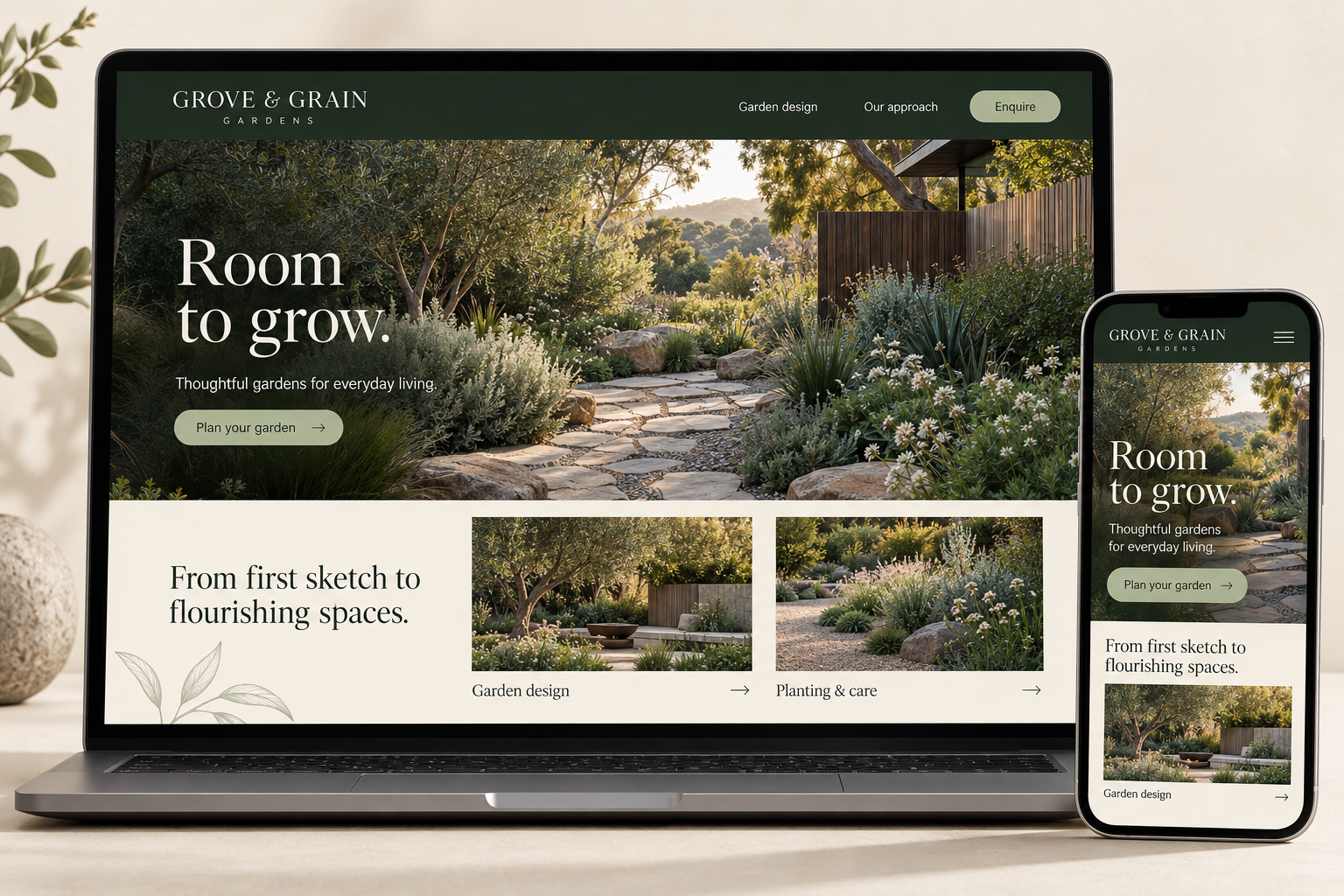 Grove & Grain Gardens desktop and mobile website design