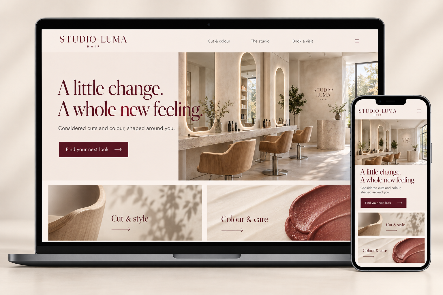 Studio Luma Hair desktop and mobile website design